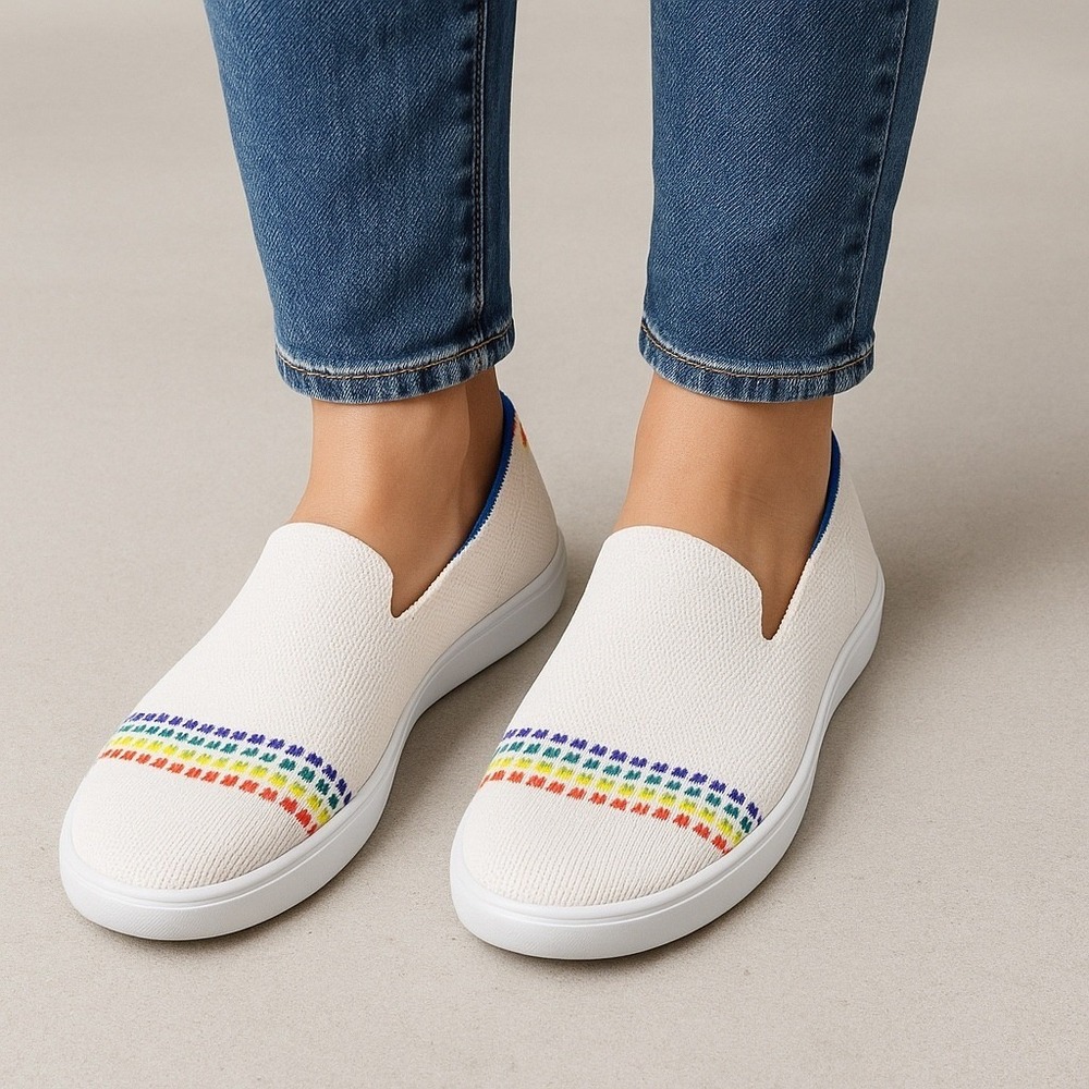 Rothy's The Sneaker Women's White Rainbow Stripe Knit Slip On Shoes Size 3